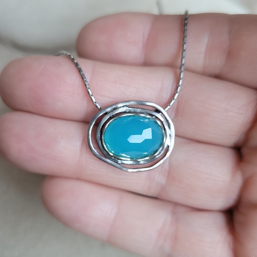 Sterling Silver Blue Chalcedony Stone Bili Pendant Necklace 90s Modernist